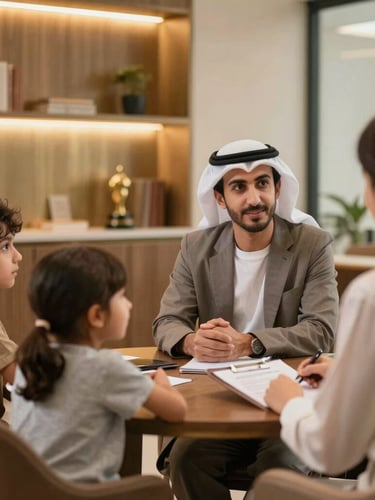 A professional consultation in a warm modern Bahraini office, a family talking with a professional recruitment advisor, soft lighting, bronze and gold accents, respectful atmosphere, 35mm photography
