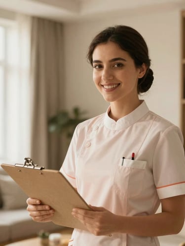 Professional female nurse in neat uniform smiling warmly, holding a clipboard in a bright, clean modern Bahraini living room, soft natural window light, Lora-style warm tones, 35mm
