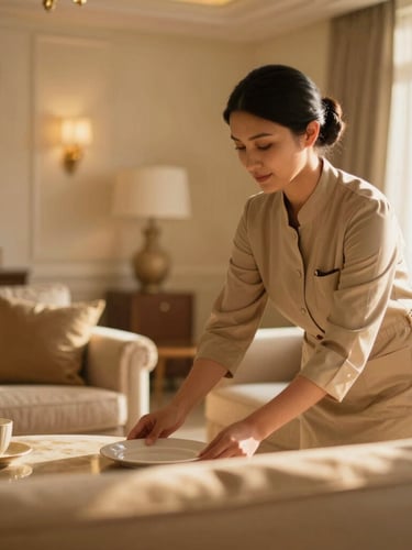 A professional domestic helper neatly arranging a warm, sunlit living room in Bahrain, soft indoor lighting, golden hour glow, elegant home interior, 35mm.