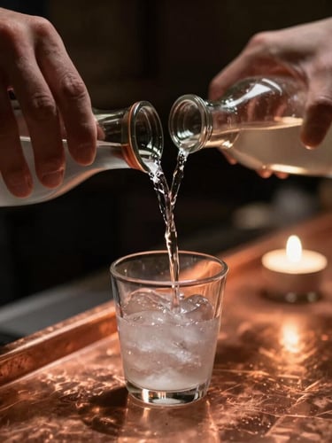 Tight macro shot of hands pouring cold sake into a glass on a glowing copper counter, moody side-lighting, shallow depth of field.