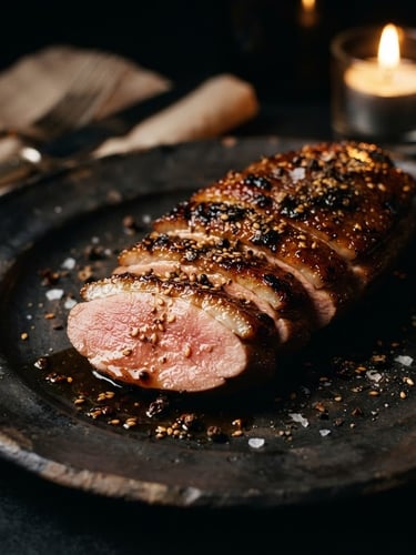 Close-up of a glistening duck breast with five-spice glaze on a dark ceramic plate, moody low-key side-lighting, warm candlelight, deep shadows.