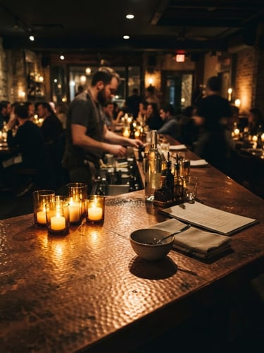 Wide environmental shot of the dimly lit dining room, warm candlelight casting deep shadows across a copper counter, moody editorial style, shallow depth of field