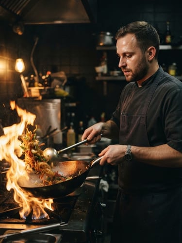 Moody editorial portrait of a chef tossing a flaming wok in a dimly lit kitchen, warm candlelight tones, deep charcoal shadows.