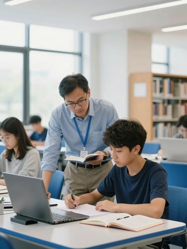 A focused student studying with a mentor in a bright, modern library setting with blue accents, natural daylight, 35mm photography.