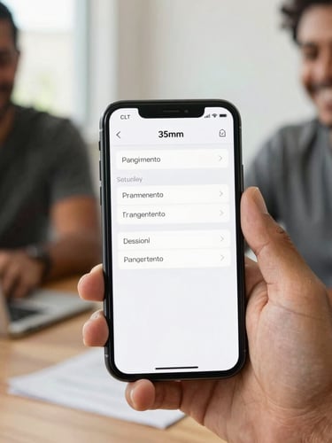 Close-up de um smartphone mostrando uma interface de aplicativo financeiro limpa e segura, com gráficos de pagamento organizados, em mãos de um trabalhador CLT em um ambiente de escritório com luz natural. Foco na segurança e clareza da transação. editorial photography, natural daylight, warm tones, authentic Brazilian workers, smiling expressions, shallow depth of field, 35mm