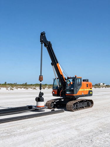 Wide panoramic view of a directional boring rig operating in a South Florida coastal landscape, bright direct sunlight, high-contrast safety orange accents, sharp focus, 35mm lens, with clean utility conduits visible.