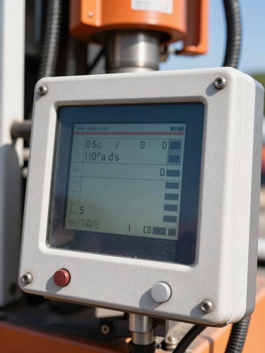 Close-up of a directional boring machine's control panel with a digital locator screen, showing precise readings, bright direct sunlight, crisp industrial photography.