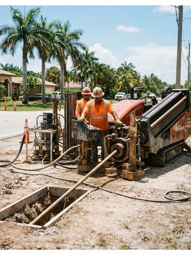 Wide shot of a directional boring rig in operation on a clean South Florida job site, bright direct sunlight, high-contrast shadows, safety orange accents on equipment, 35mm lens.