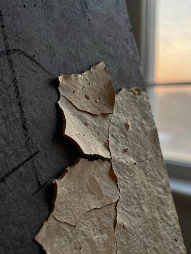 Detailed macro shot of cracked oil paint, layered antique paper fragments, and charcoal lines on a heavily textured canvas, soft golden-hour window light.