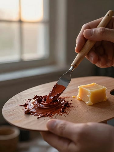Macro close-up of an artist's hand holding a wooden palette knife, mixing raw sienna pigment and warm melted beeswax, soft side-lighting from a studio window.