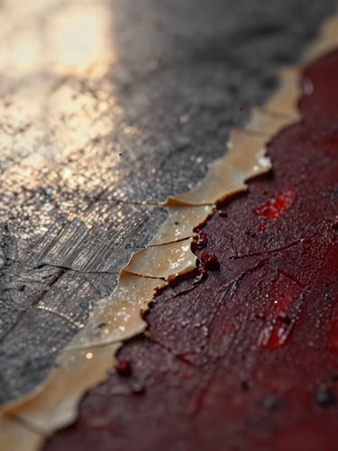 Close-up macro detail of a mixed-media painting showing rich textures of cracked beeswax, charcoal lines, and deep red vow madder pigments, soft dramatic side-lighting, shallow depth of field.