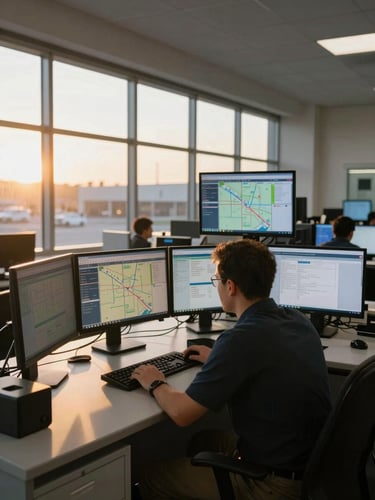 Wide-angle view of an active dispatch center at golden-hour window light, multiple monitors glowing with load boards and route maps, a dispatcher leaning over a keyboard mid-decision, warm sunlight raking across the workspace from the left
