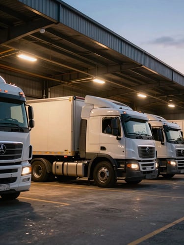 Truck yard at dusk, several semi-trucks backed into loading dock bays under overhead dock lights, one truck cab door open with a driver stepping out, industrial environment with concrete and steel, warm practical lighting mixing with fading daylight