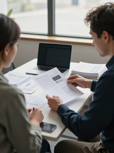 Wide shot of an advisor and client seated side-by-side at a desk, reviewing printed portfolio documents under natural north-facing window light, organized files and a laptop screen visible, documentary framing, no faces cropped