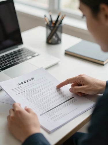 Close-up medium shot from the side — printed insurance policy pages spread on a desk, advisor's hand pointing to a coverage clause, client leaning in to read, natural diffused window light, organized and calm workspace, documentary framing with no styled poses