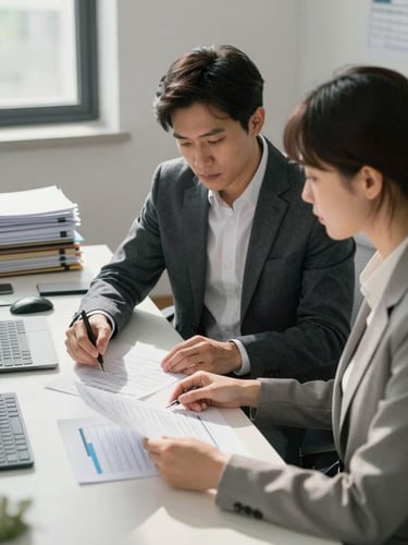 Wide shot of an advisor and client seated side-by-side at a desk, reviewing printed financial statements under north-facing daylight, organized files visible on the left, calm office environment