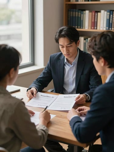 Wide medium shot from the side — advisor and client seated at an orderly desk, printed insurance policy documents open between them, natural north-facing daylight from a window to the left, organized bookshelves visible in the background, no faces in close-up, documentary feel