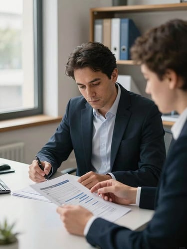 Medium shot from the side, advisor and client seated at a desk reviewing printed financial documents together, natural north-facing daylight from a window to the left, organized office shelves visible in the background, no faces in close-up, documentary framing