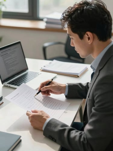 Medium shot from the side, advisor and client seated at a desk reviewing printed financial statements together in natural north-facing daylight, documents and a laptop screen visible, organized office background