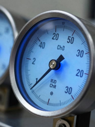 Macro shot of high-clarity digital manifold gauge screens showing real-time pressure readings, sharp blue backlight, crisp focus on technical metrics.