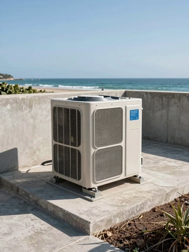 A wide-angle shot of a clean, completed coastal HVAC installation, with the condenser unit securely bolted to an elevated, hurricane-compliant concrete pad under bright, clear daylight.