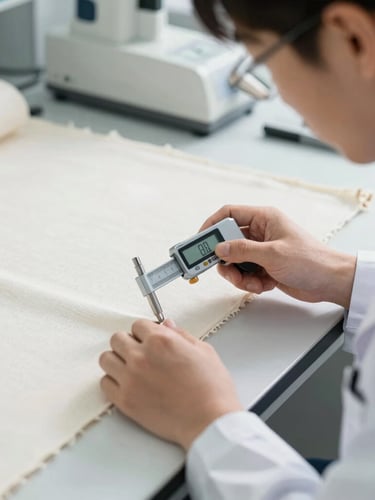A professional close-up of a textile engineer measuring fabric thickness with a digital micrometer, bright daylight, clean laboratory setting, sharp focus, 35mm