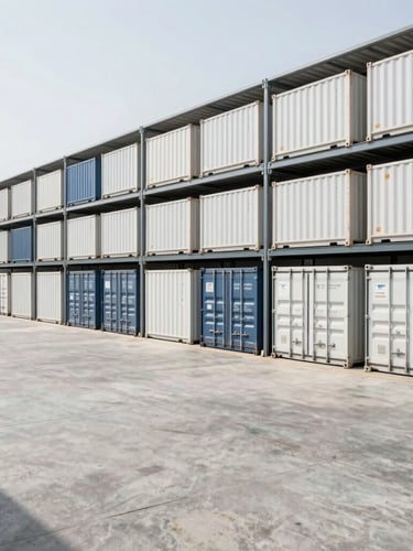 A wide-angle, bright corporate warehouse in Dubai with neatly organized high-volume shipping containers, clean concrete floors, and structured metal shelving under neutral daylight.