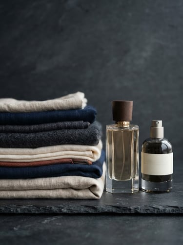 Clean studio shot of stacked high-quality textiles and elegant perfume bottles on a minimalist slate background, bright neutral daylight
