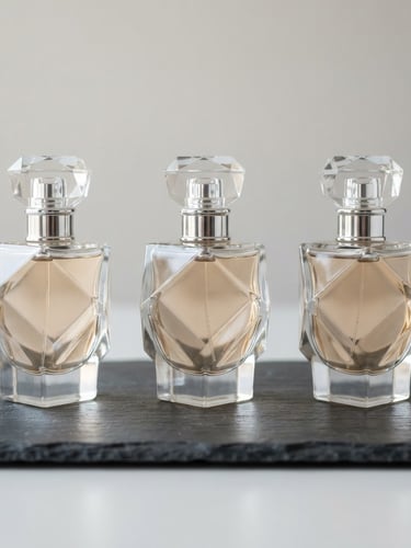 Symmetrical studio shot of elegant geometric perfume bottles on a clean slate stone surface, soft natural light, sharp focus, 35mm