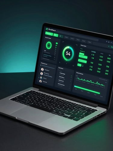 Isometric mockup of a dark fintech dashboard on a laptop screen, glowing neon green interface showing active user metrics, dark studio background with cyan ambient lighting.