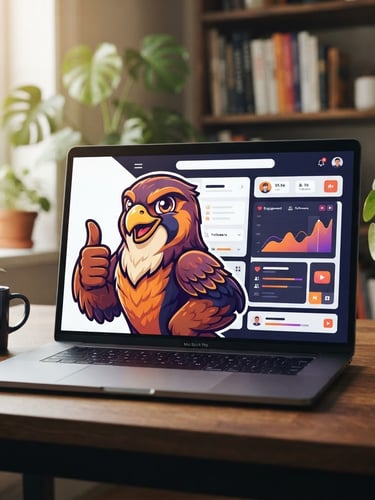 Sleek vector illustration of a friendly falcon mascot giving a thumbs-up next to modern creator platform UI graphics, rich purple and orange accents, clean design