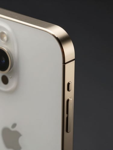 Macro studio shot of a sleek titanium iPhone 15 Pro edge, catching sharp champagne gold highlights, dark obsidian background, ultra-premium editorial lighting.