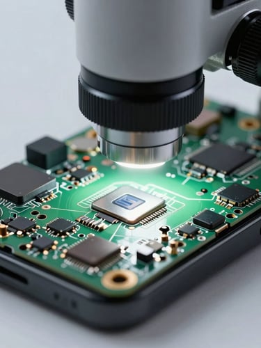 Extreme close-up macro shot of an iPhone motherboard under a professional laboratory microscope, sharp metallic edges and micro-components catching clinical cool-white light