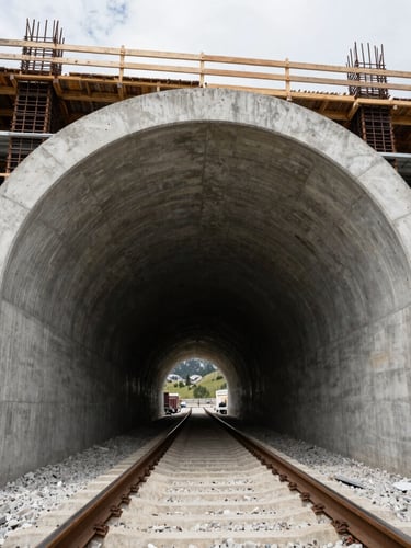 Wide-angle low-perspective shot of a massive concrete railway tunnel under construction in the Austrian Alps, structural steel reinforcing grids visible, crisp overcast daylight, high-contrast details.
