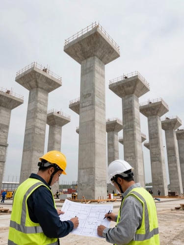 Wide-angle, low-perspective shot of a massive European infrastructure project in progress, concrete piers rising under crisp overcast daylight, engineers in high-visibility gear analyzing blueprints in the foreground.