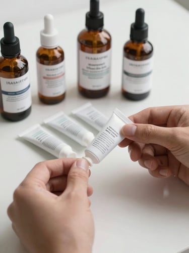 Close-up of product samples — cosmetic tubes and labeled bottles — arranged on a flat surface under controlled studio lighting, hands in frame inspecting a label, white background, clinical and precise
