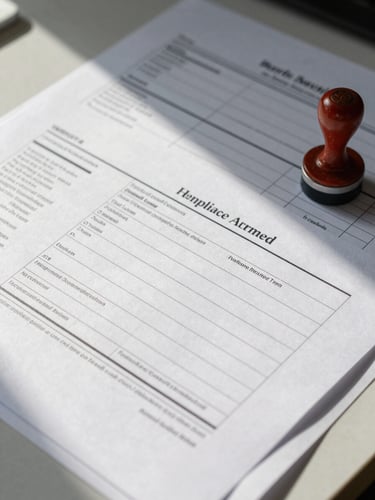 Close-up overhead shot of a regulatory submission dossier spread on a clean desk — printed forms, a compliance checklist, and a government stamp visible, north-facing daylight from left, organized and precise