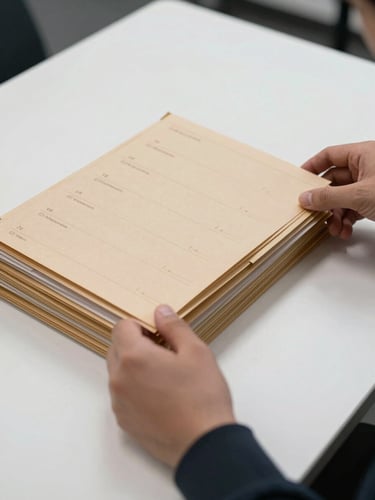 Hands carefully arranging a set of labeled regulatory folders on a clean white table under controlled studio lighting — document tabs visible, organized by category, no people's faces shown