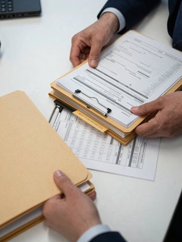 Overhead close-up of a regulatory auditor's hands arranging labeled document folders and compliance checklists on a white desk surface, cool fluorescent office light, sharp detail on folder tabs and printed text, no people's faces visible