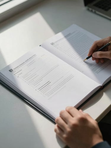 Close-up overhead shot of an open regulatory binder on a clean desk, stamped approval documents visible under north-facing window light, a hand resting at the edge of the frame mid-review, cool controlled indoor lighting, no warm tones