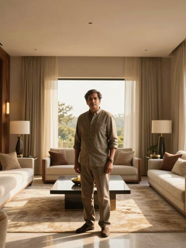 Portrait of Mahendra Sharma, a distinguished Indian interior designer, standing in a sun-drenched, minimalist luxury living room, golden hour light, architectural depth, 35mm. He is looking confidently at the camera.