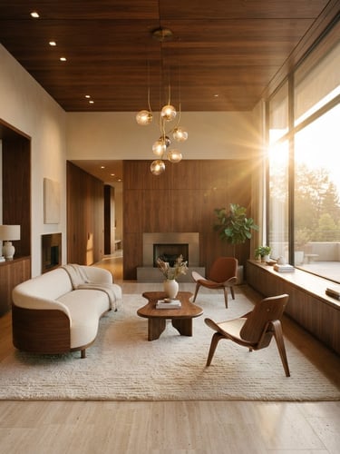 Wide shot of a luxurious, minimalist living room with warm golden-hour light streaming through large windows, showcasing clean architectural lines, premium walnut furniture, and an elegant lighting installation, right side bleed.