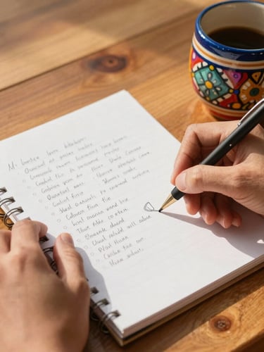 Hands sketching a bilingual layout on a notepad, warm wooden table, colorful Mexican ceramic mug nearby, soft natural daylight