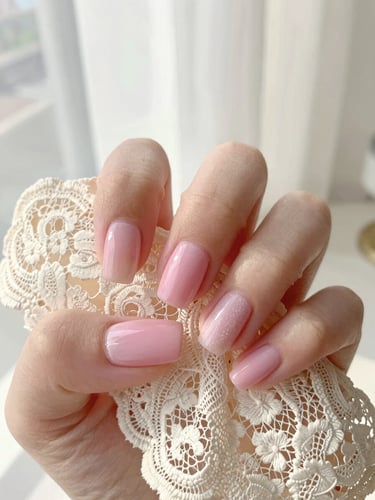 Close-up of hand-painted pastel pink press-on nails held against vintage cream lace, soft morning light, shallow depth of field