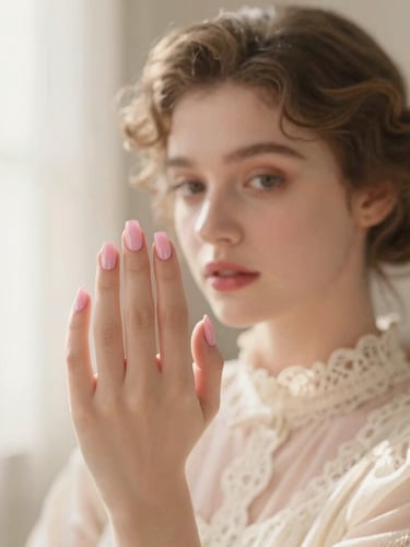 Soft-focus portrait of a young woman with a vintage updo in a sunlit room, wearing a cream lace collar, holding her hand up to show detailed pastel pink press-on nails, warm morning haze, shallow depth of field, 35mm