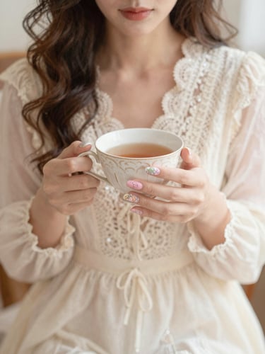 Soft focus portrait of a woman with romantic wavy hair wearing a vintage cream lace dress, holding a cup of tea, showcasing intricate hand-painted pastel nails, sunlit cozy room