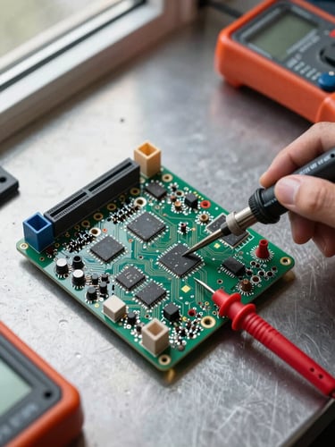 Tight overhead shot of a circuit board mid-assembly on a metal workbench, soldering iron resting beside populated SMD pads, multimeter probes touching test points, bright north-facing daylight from the left, no shadows, component labels visible at macro scale