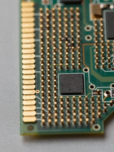 Extreme macro framing, overhead angle — gold-plated PCB edge connector pins in sharp focus, solder joints and trace routing visible at production detail level, studio lighting from the left casting no shadow, neutral gray background, connector fills the full frame with no cropping of the contact array