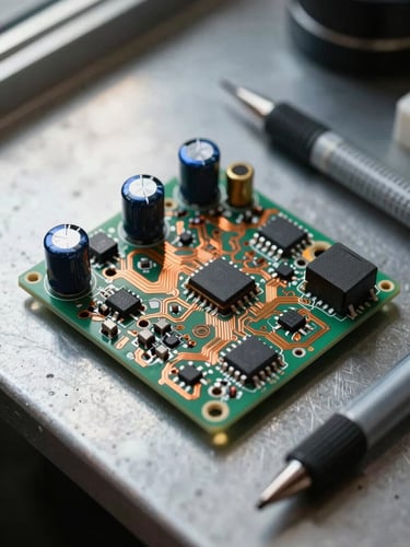 Overhead close-up of a partially assembled PCB on a metal bench, copper traces visible, two ceramic capacitors and a voltage regulator mid-soldering, solder wick and flux pen alongside, bright north-facing daylight from the left illuminating the board without glare