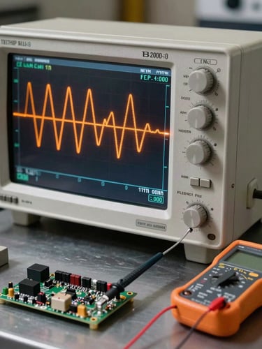 Tight frame from the left side of a bench oscilloscope screen, amber waveform traces on dark display, multimeter probes resting on a circuit board in the foreground, neutral tungsten workshop lighting casting soft shadows on a metal workbench surface